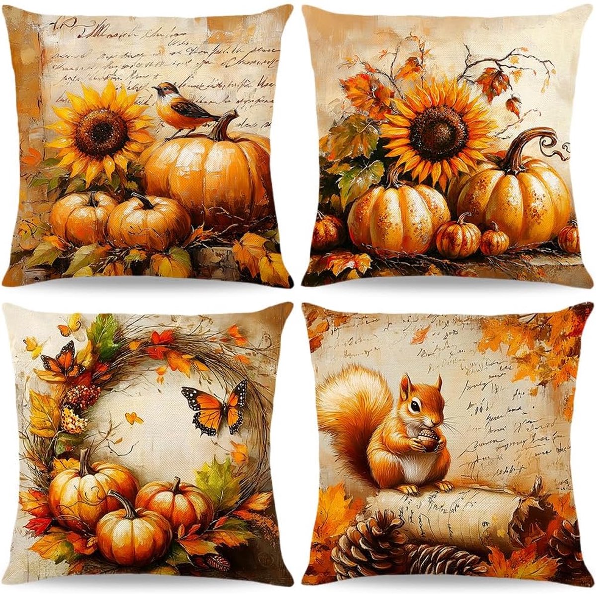 SnelShoppen - 4 stuks herfstkussenslopen 40 x 40 cm, kussensloop pompoen, linnen kussenhoes voor Halloween en Thanksgiving, decoratie voor slaapkamer