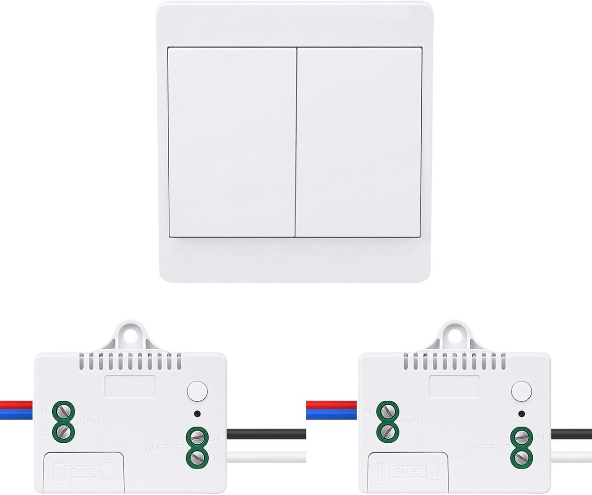 Yasorn Zelfvoedende Draadloze Schakelaar Set (1 Dubbele Schakelaar + 2 Ontvangers), Zonder Batterij, 433 MHz - ShopVlot
