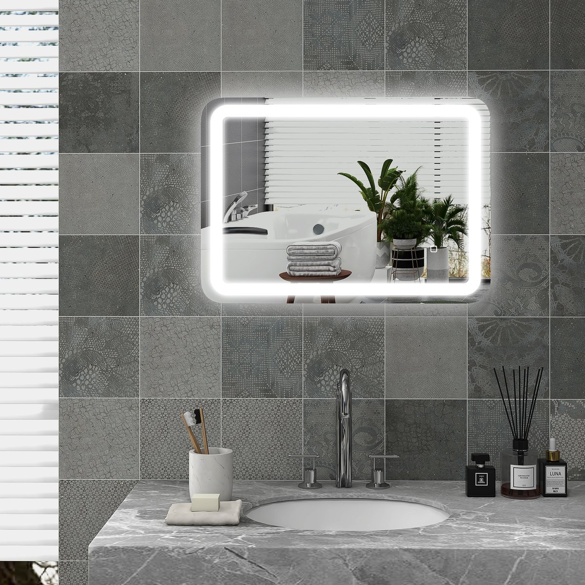 Spiegel LED 50 X 70 Cm Met 3 Lichtkleuren, Touchschakelaar, Anti Condens, Gehard Glas, Zilver, Voor De Badkamer
