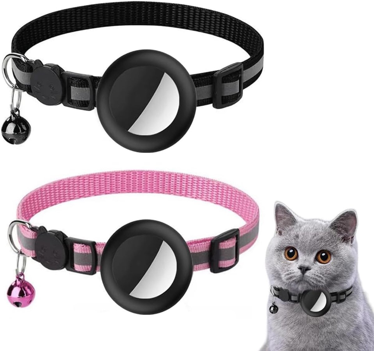 Kattenhalsband reflecterend - nylon met breakaway gesp - ronde AirTag-houder - veilig voor je kat - ShopVlot