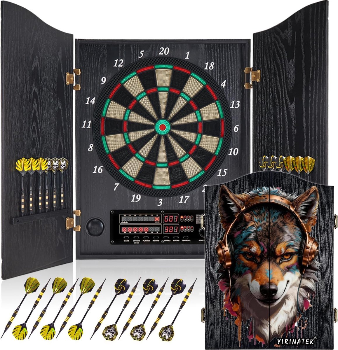 Elektronisch Dartbord met Houten Kast - Walnoot - Voor 1-8 Spelers - Met Led-Puntenweergave en Spraakmelding - Voor Gezinnen en Feesten