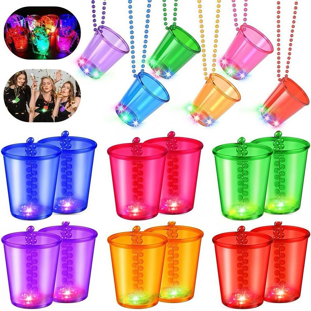 Led-borrelglazen set van 12 - kleurrijke lichtgevende bekers - met ketting - ideaal voor feestjes - ShopVlot