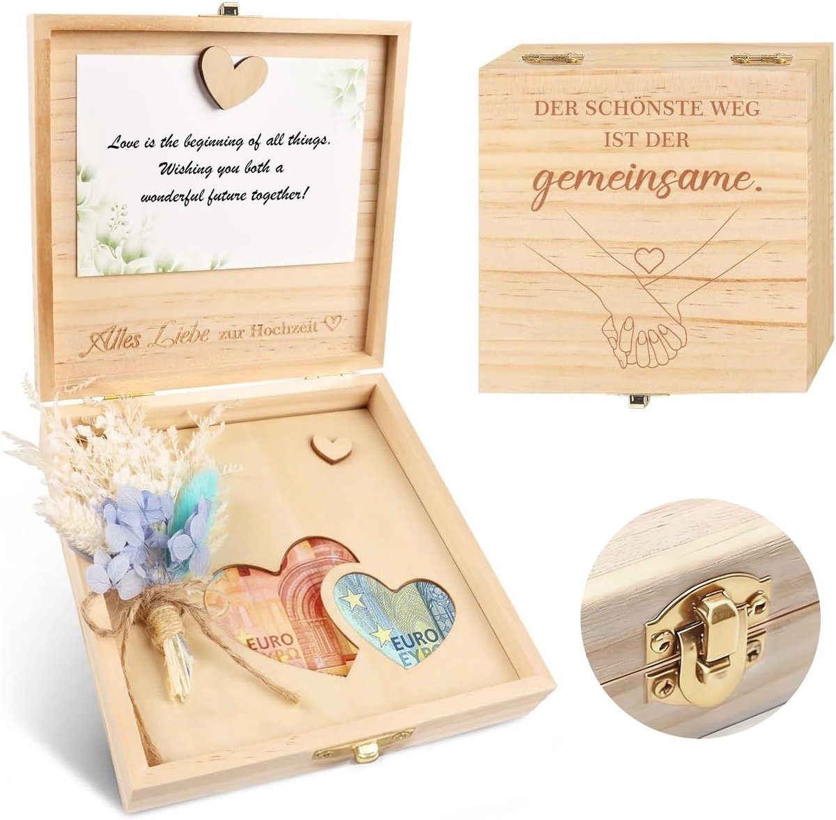 Huwelijkscadeau geschenkdoos - houten doos 14 x 14 x 3,5 cm - met bruiloftskaart en gedroogde bloemen - ShopVlot
