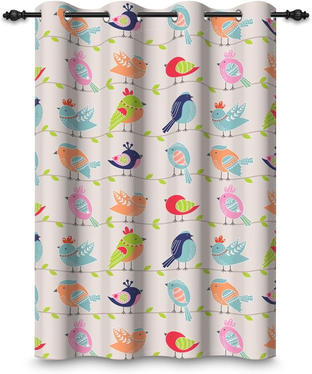 42 x 63 Inch Cartoon Animal Eyelet Curtain for Kids Room Cute Colorful Bird on a Branch Blackout Curtains for Playroom - ShopVlot