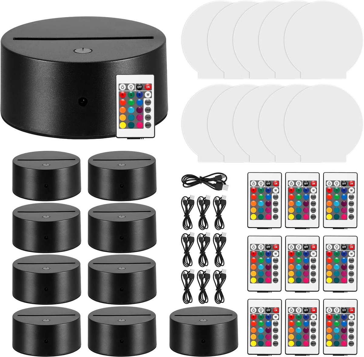 10 Set Acrylic Lamp Feet with Remote Control, Includes 10 Round Acrylic Plates, 10 Lamp Base, 10 USB Cables and 1 - ShopVlot