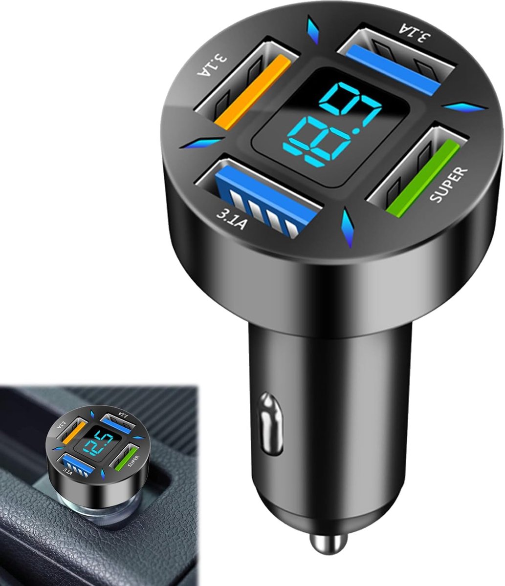 USB-sigarettenaanstekeradapter, 66 W snel opladen met digitaal display, 4-poorts auto-USB-oplaadadapter voor reizen en - ShopVlot