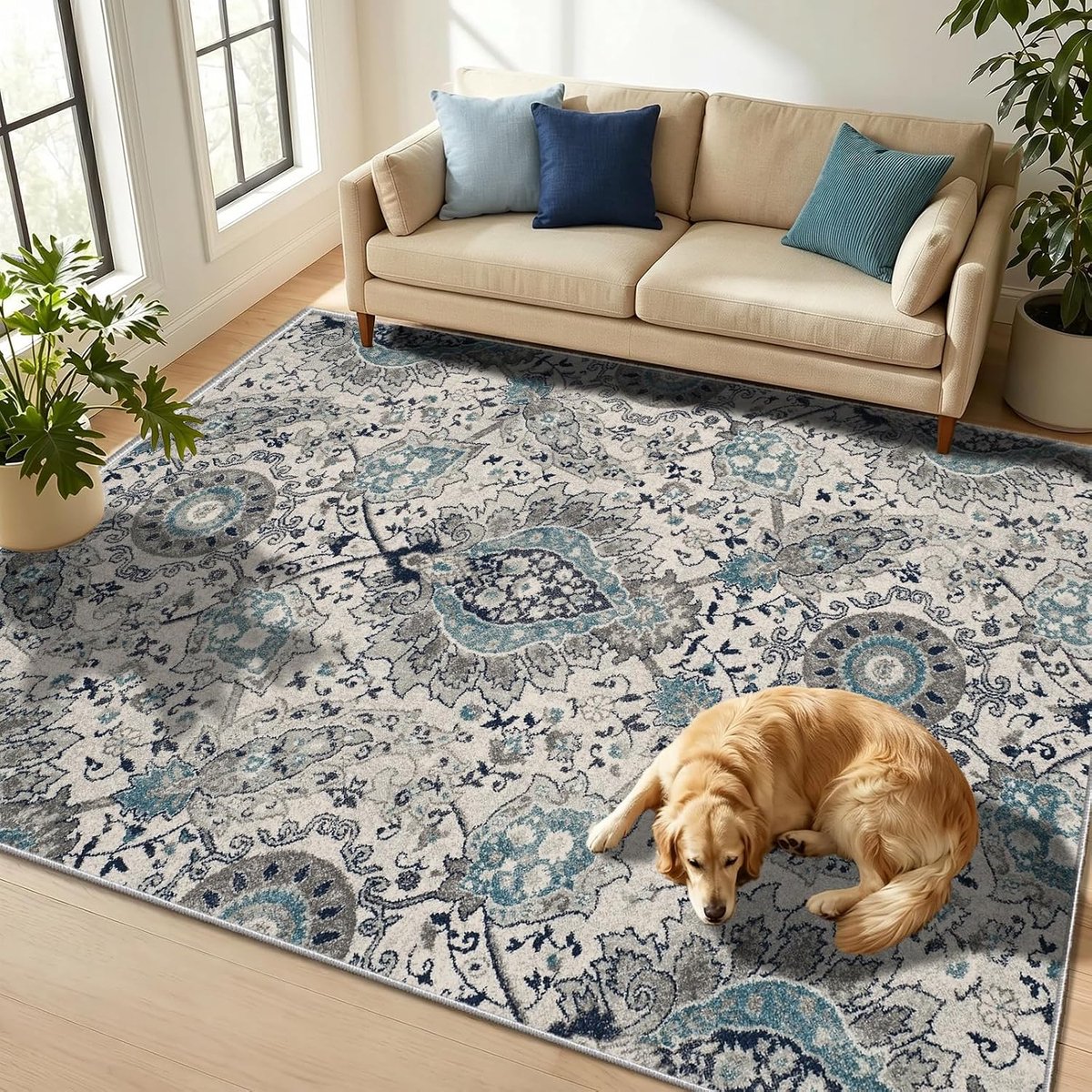 WUTONG Vloerkleed Perzische Stijl,60x90cm,Kortpolig,Machinewasbaar,Antislip,Blauw-Grijs,Geschikt voor Hal & Slaapkamer - ShopVlot