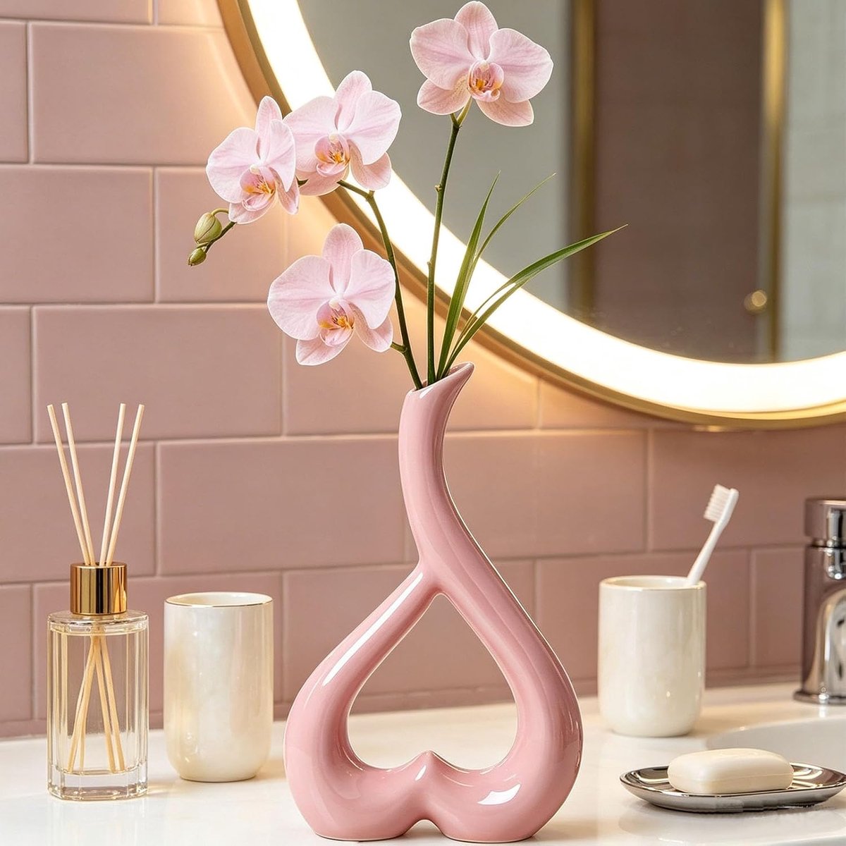 Roze hartvormige keramische vaas, pampasgras, decoratie, woonkamer, moderne vaas, kamer, woonkamer, decoratie - ShopVlot