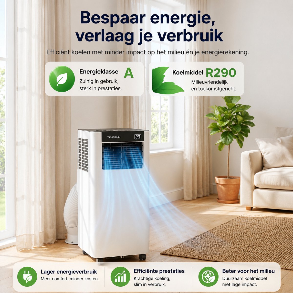 Temprium mobiele airco 7000 BTU SMART - Met afvoerslang - Draagbare Airco met App Bediening – 3 in 1 Koelen, Ventileren & Ontvochtigen – Airco Voor Slaapkamer en Woonkamer – Inclusief Raamkit — afbeelding 13