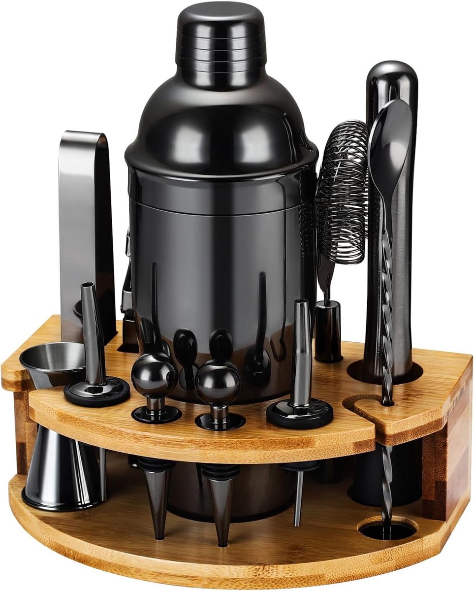 Thijox - Cocktailshakerset met Bamboestandaard - 12-delige Roestvrijstalen Barkeeperset voor Thuis, Cocktailaccessoires, Drankmixer, Cadeau voor Manne