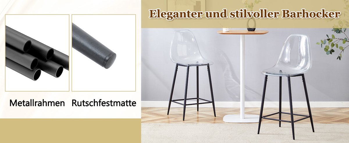 MEUNIQ transparante barkruk set van 4 met rugleuning en voetsteun, kunststof zitting met zwart metalen onderstel, 51 x 45 x 102 cm voor keuken, bar of eetkamer