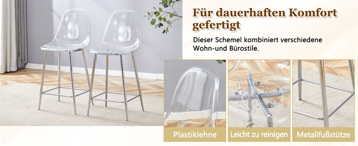 MEUNIQ transparante barkruk set van 2 met rugleuning en voetsteun, kunststof zitting en metalen onderstel, 51 x 45 x 102 cm, voor keuken bar of eetkamer, zilver