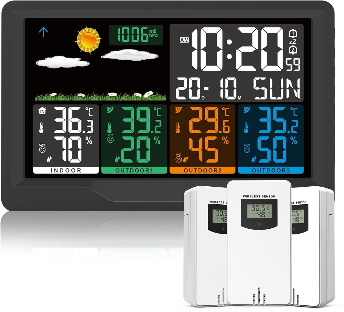 SnelShoppen - Draadloos Weerstation met 3 Buitensensoren, 7,5 Inch VA-Kleurendisplay, DCF-Radioklok, Binnen- en Buitentemperatuur, Luchtvochtigheid Mo