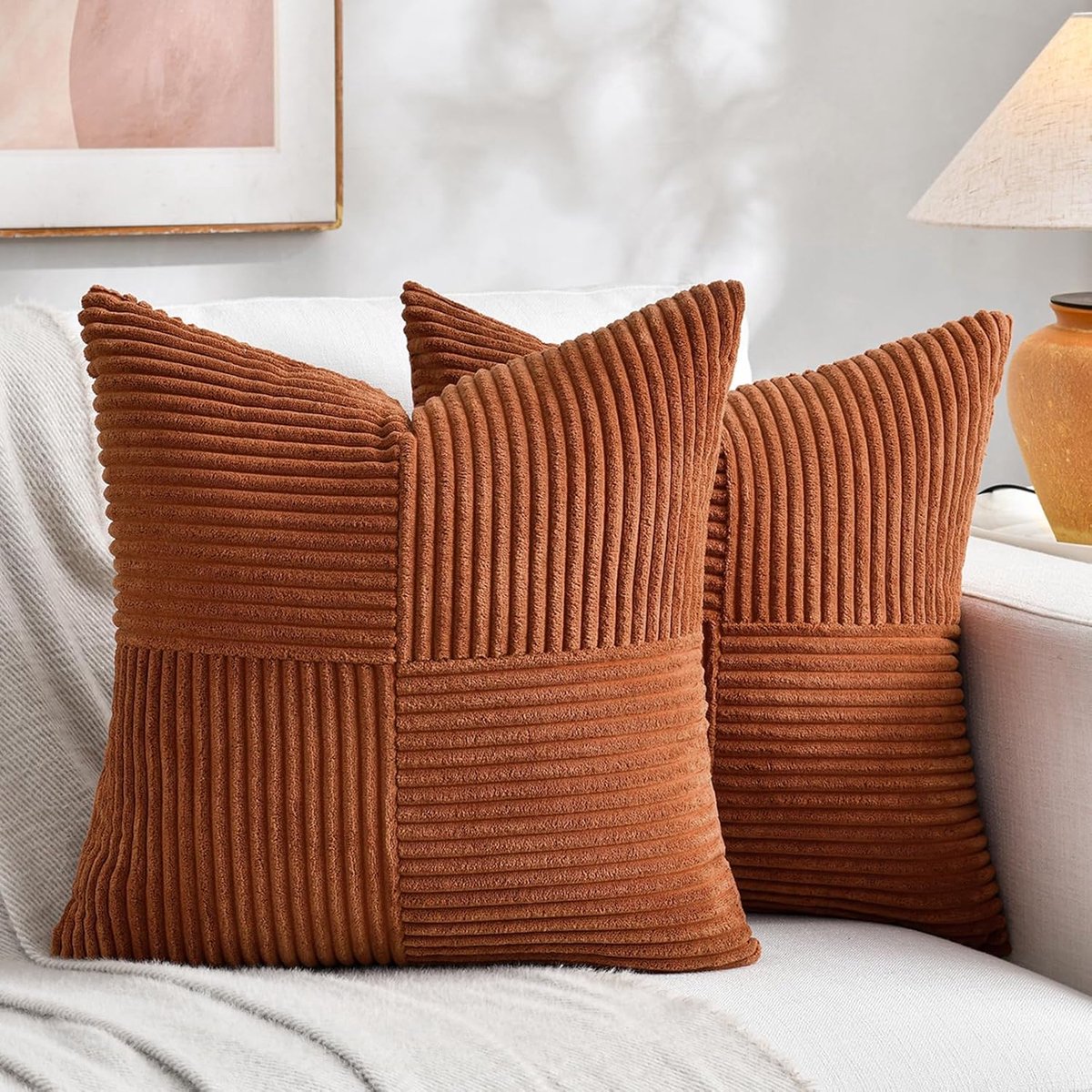 SnelShoppen - Set van 2 Roestrode Corduroy Kussenslopen 70 x 70 cm, Zacht en Modern, Decoratieve Sierkussenslopen voor Bank en Slaapkamer, Boho Decora
