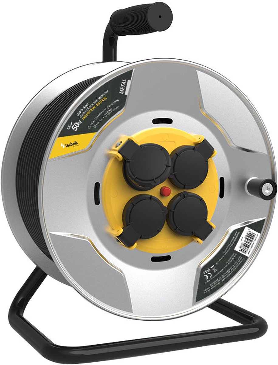 Technik Industriële Kabelhaspel Metaal - 4 Stopcontacten - 50m 1.5mm² H07RN-F - IP44 - 16A