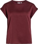 Bordeauxrode satijnen VILA t-shirt met opgerolde korte mouwen, van voren gezien.