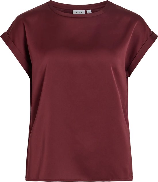 Bordeauxrode satijnen VILA t-shirt met opgerolde korte mouwen, van voren gezien.