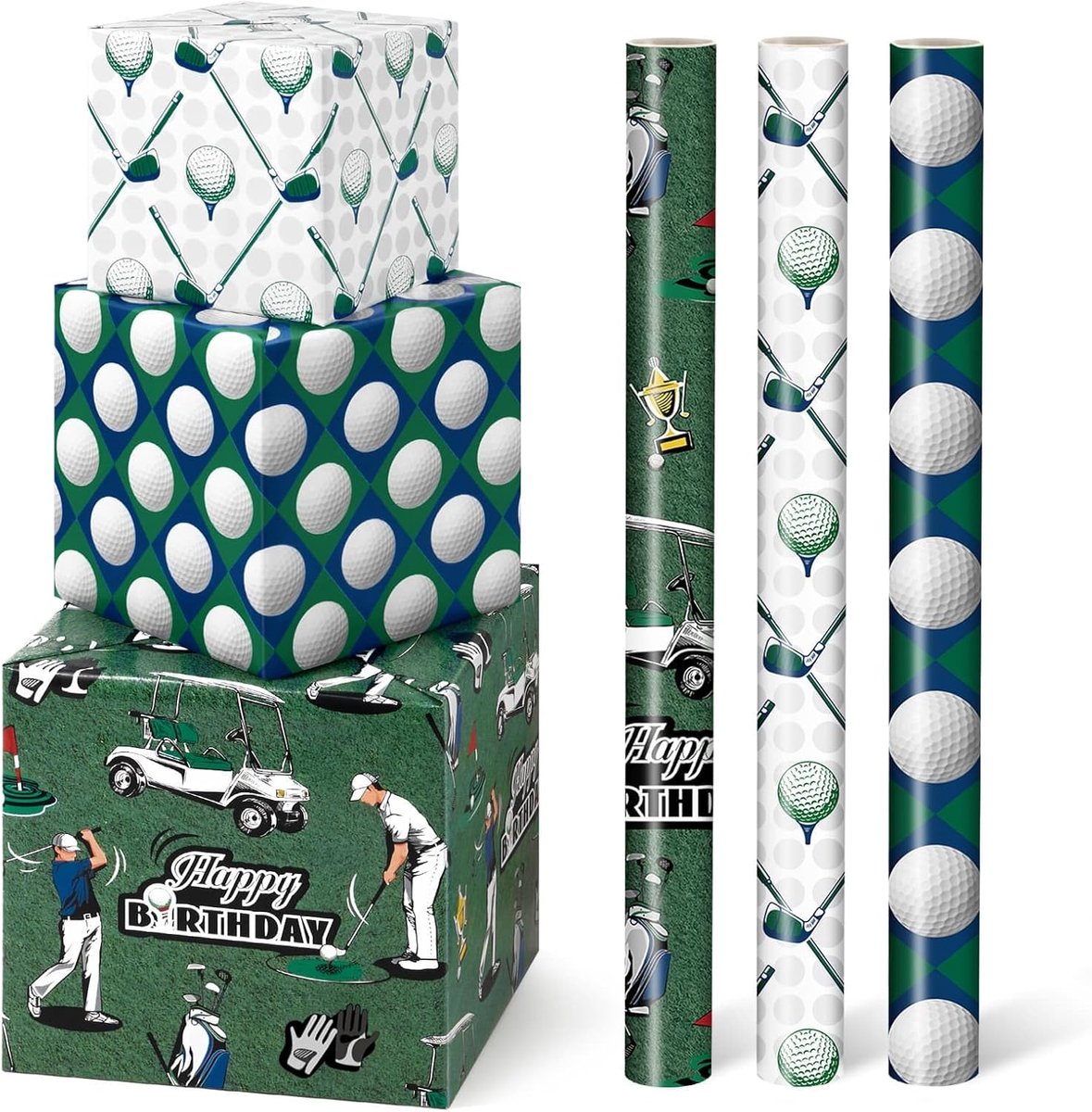 SnelShoppen - Golf Cadeaupapier Set van 3 Rollen 43 cm x 3 m - Premium Robuust Papier voor Vaderdag, Verjaardagen, Pensioen, Feestdecoratie - Unieke G