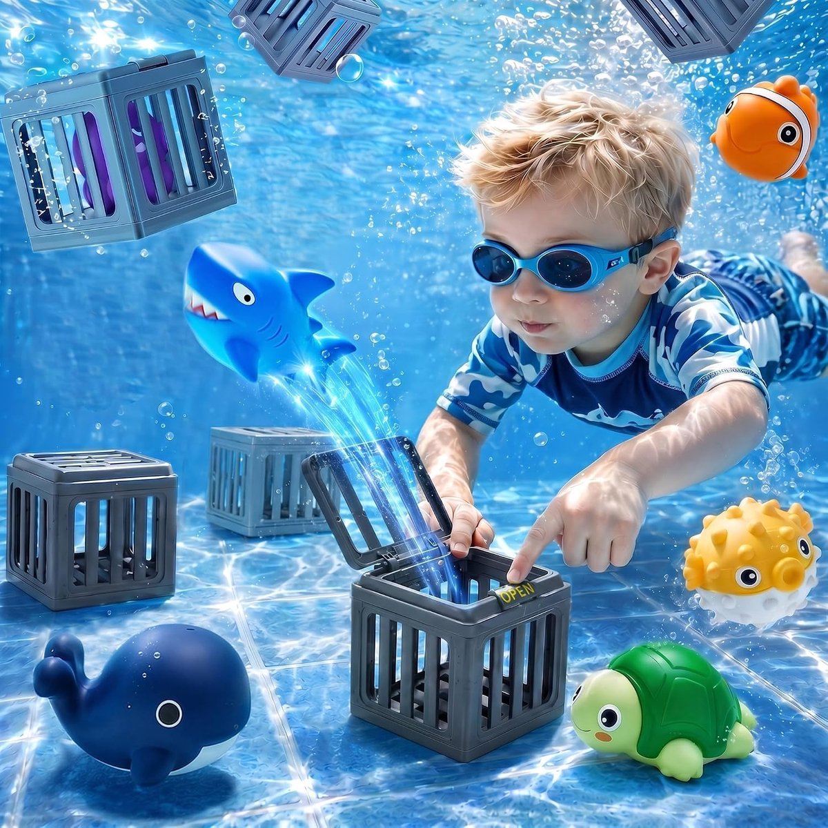 SnelShoppen - Onderwater reddingsspeelgoed voor kinderen, 12-delige set met duikkooien en drijvende zeedieren, perfect voor zwembad, badkuip, zwemtrai