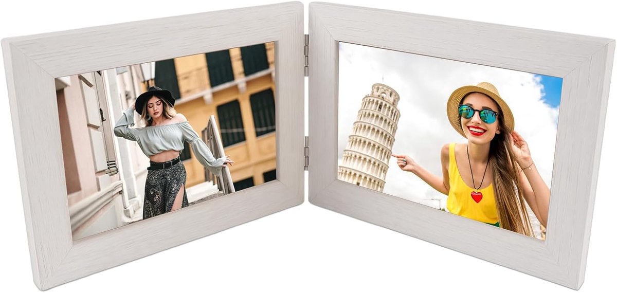 SnelShoppen - Dubbele Fotolijst Inklapbaar 10 x 15 cm | Houten Fotolijst voor 2 Foto's | Wit | Perfect voor Tafeltentoonstelling, Geschenken en Decora