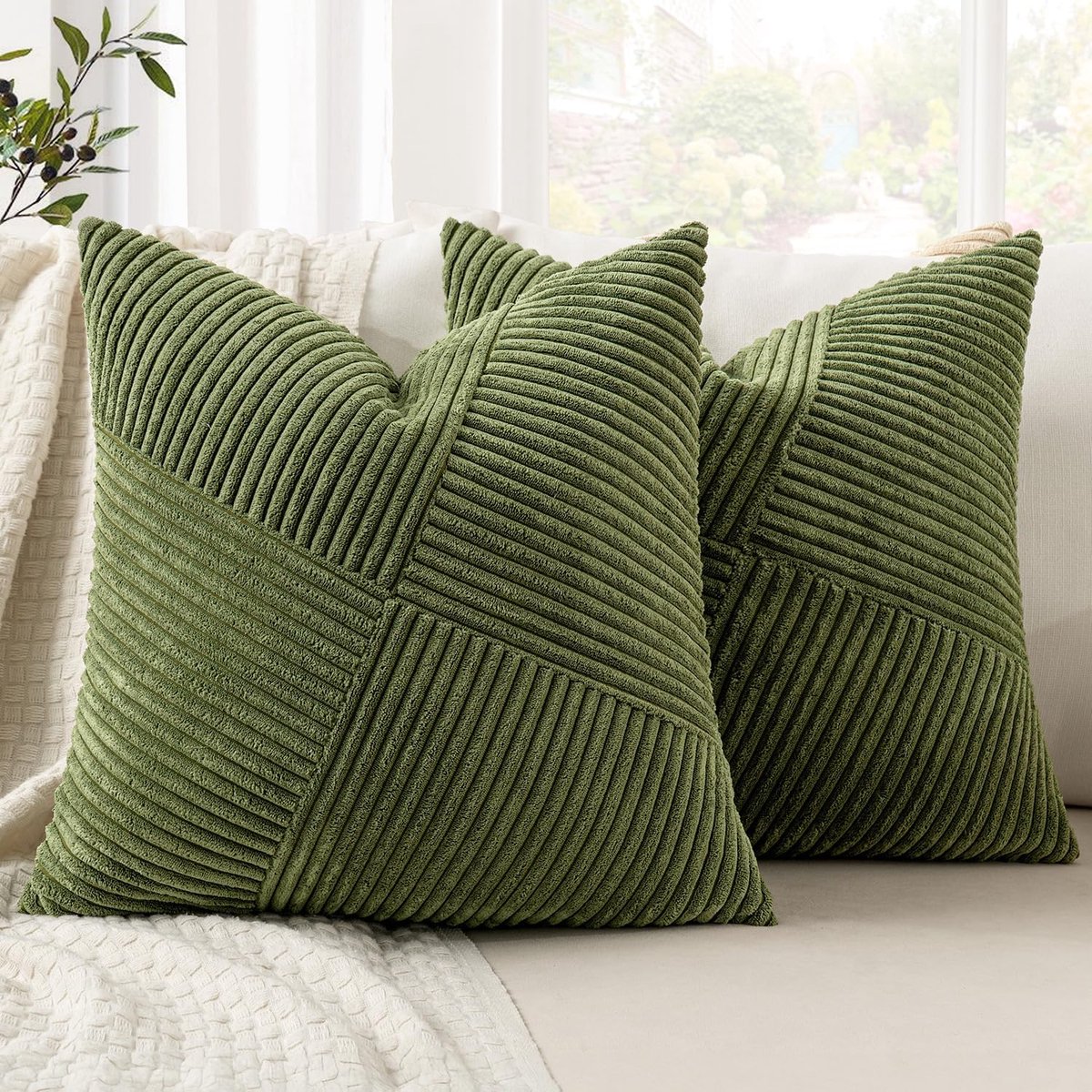 SnelShoppen - Set van 2 Kussenslopen 40x40 cm Matchagroen Corduroy Fluweel, Sierkussenslopen met Strepen en Patchwork Design voor Woonkamer en Bank