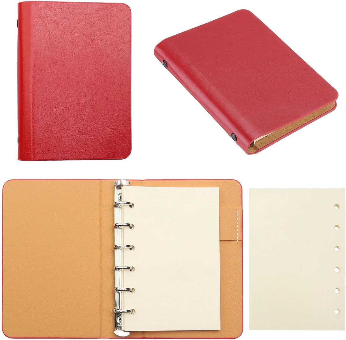 SnelShoppen - A7 Ringband Navulbaar - 56 Vellen - Hardcover Kunstleren Omslag - Glad Beige Papier - Mini Notitieboek voor School, Reis en Notities