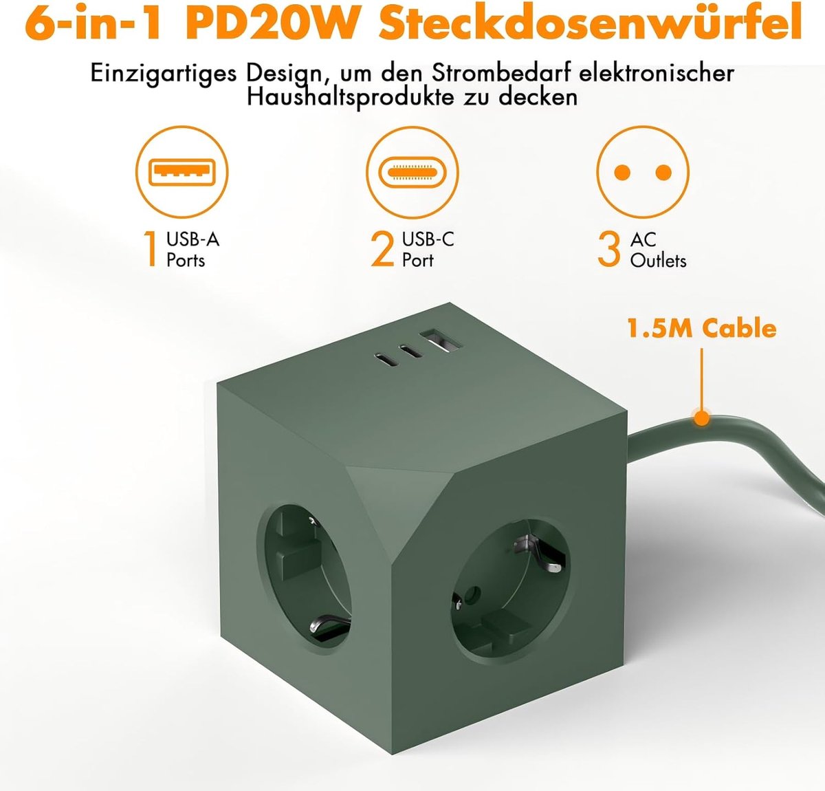 SnelShoppen - PD20W Stekkerdoos met 2 USB C, 6-in-1 Meervoudige Stekkerdoos Kubus met Magneetpad, 3 Meter Verlengkabel, Stekkeradapter voor Kantoor en