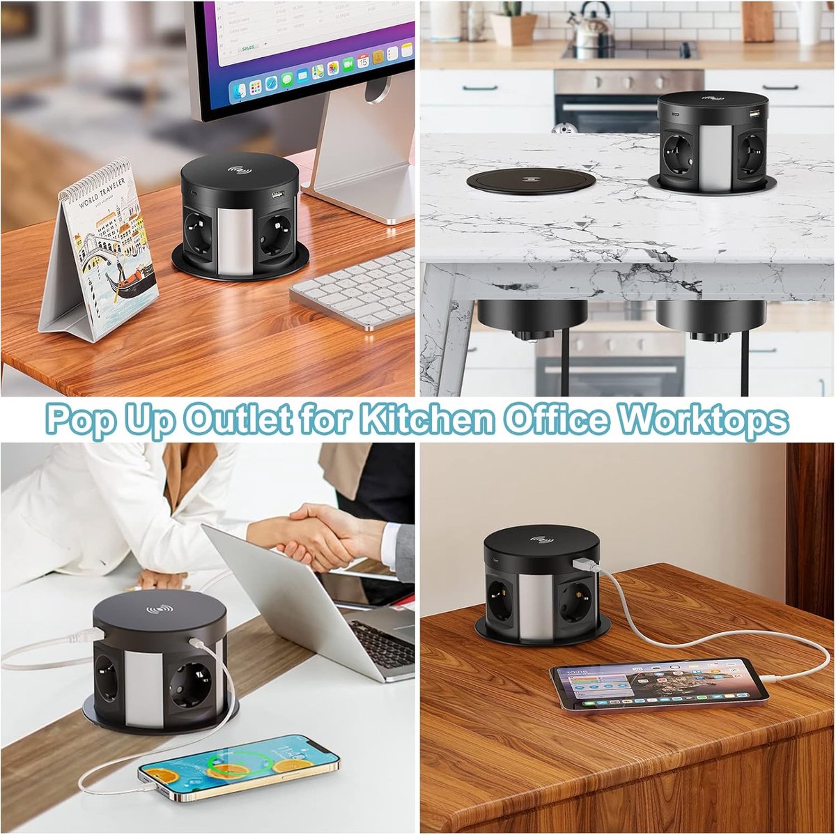 SnelShoppen - Intrekbare Meervoudige Stekkerdoos met 4 Stopcontacten, 2 USB C en 2 USB A, Overspanningsbeveiliging, Draadloze Oplader, Inbouwstopconta