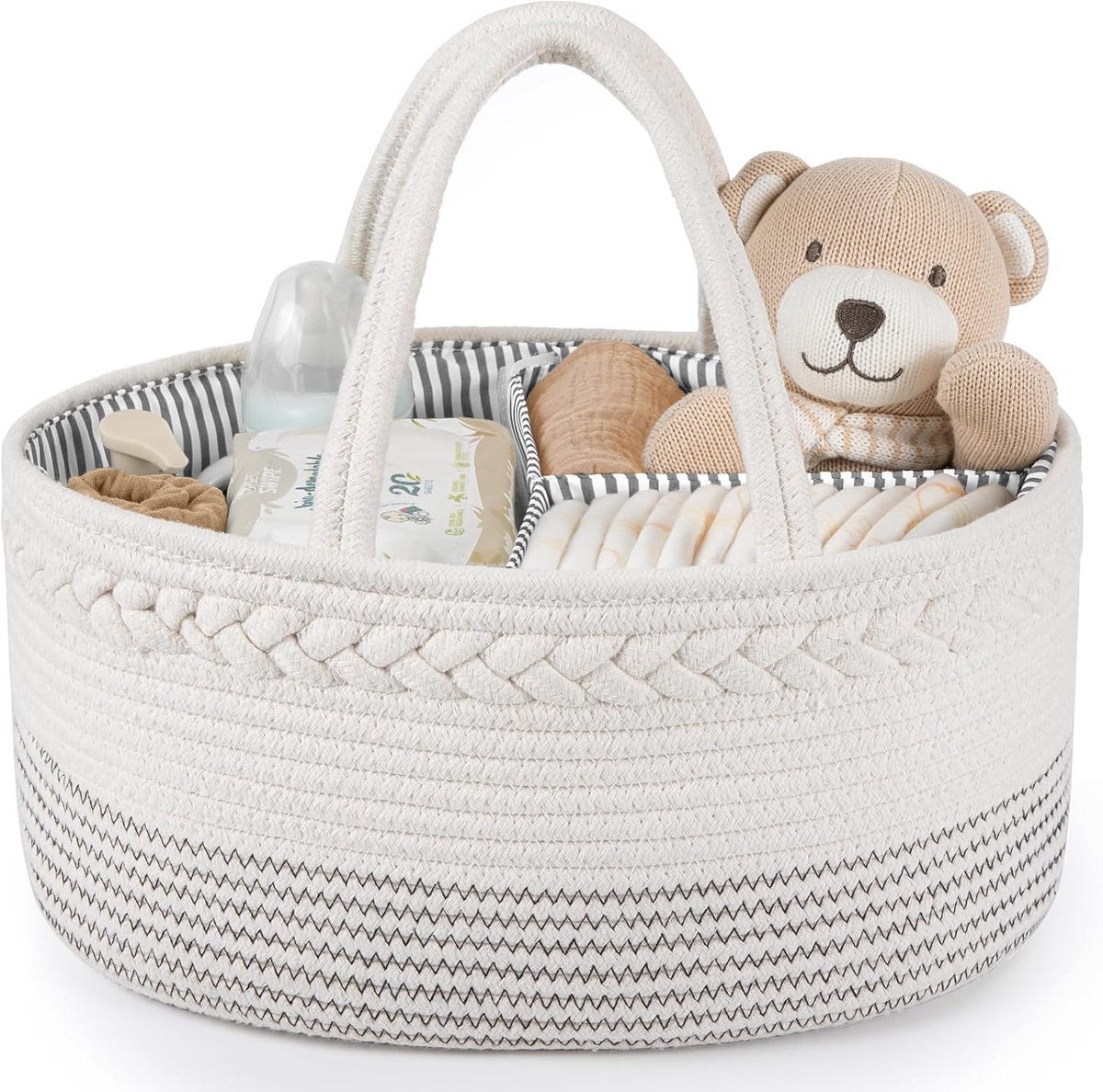 SnelShoppen - Maliton Luiercaddy Organizer - Katoenen Touw Baby Opbergmand met Verwijderbare Scheidingswand - Draagbare Luier Essentials Caddy voor Lu