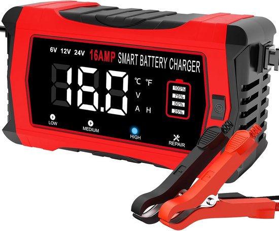 Auto acculader 16A, 12V/24V LiFePO4 Batterij lader voor boot en motorfiets, druppellader voor Lithium, Loodzuur en AGM