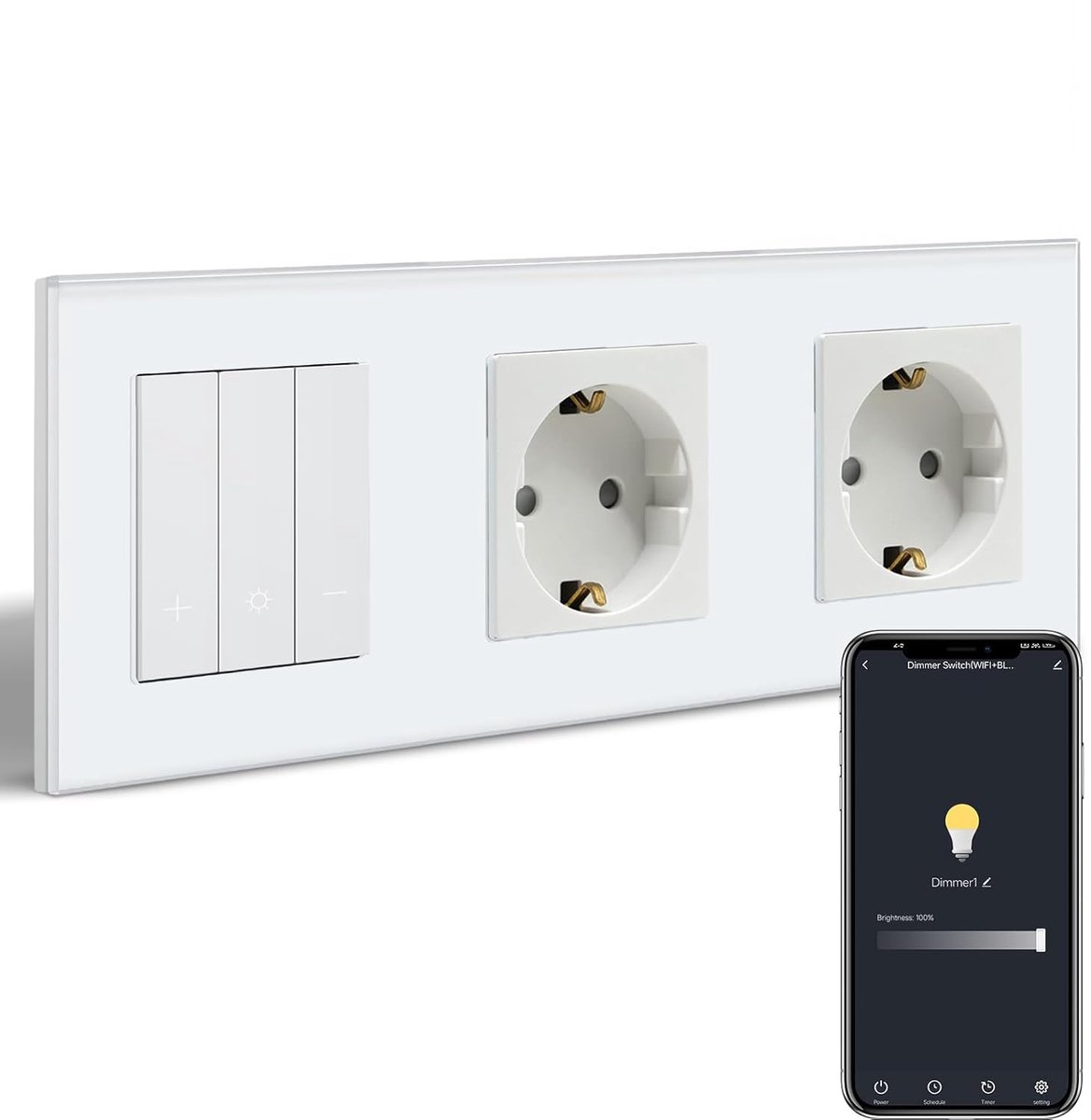 SnelShoppen - Smart WiFi Dimming Switch met Normale Schuko Socket, 2 Dimmers, Compatibel met Alexa/Google Home, Dimbare Schakelaar, Wit, Vereist Neutr