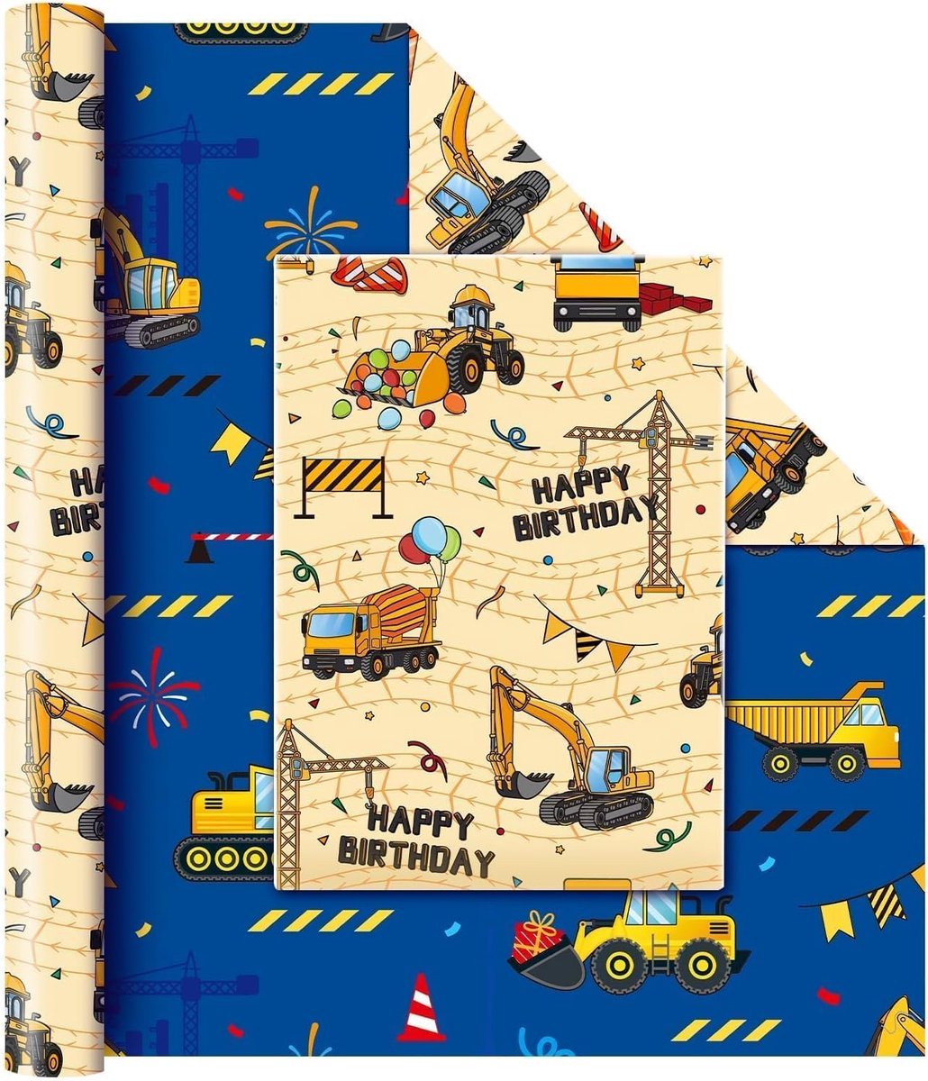 SnelShoppen - Excavator Cadeau Inpakpapier - 1 Rol Dubbelzijdig Patroon Geel/Blauw - 43cm x 10m - Verjaardagsdecoratie Kinderen Jongens Constructie Si