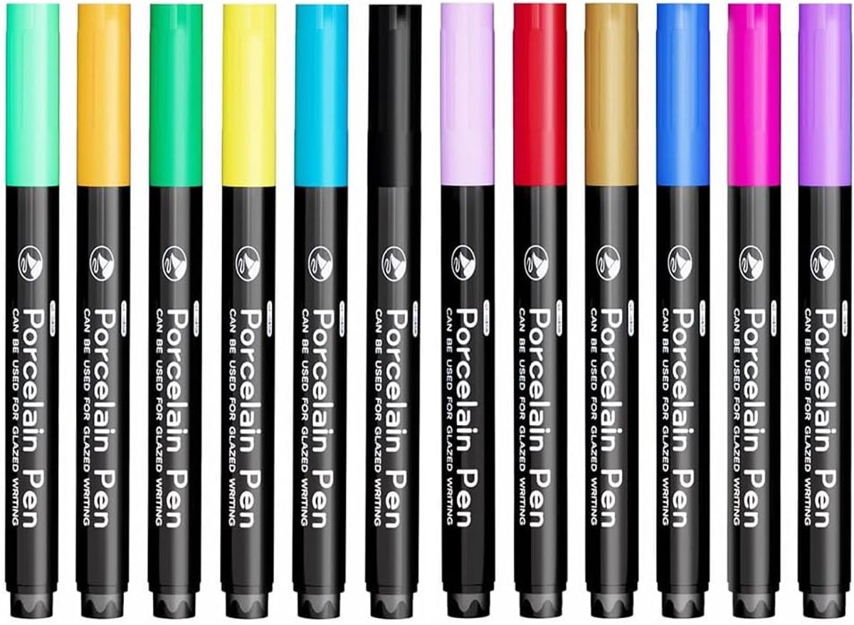 SnelShoppen - 12 Kleuren Porseleinmarkers - Vaatwasserbestendig voor Keramiek en Glas - Hoogwaardige Acryl Marker Set voor Mokken Schilderen - Waterdi