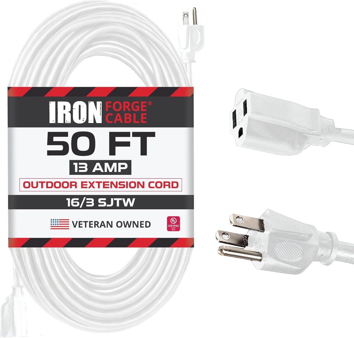 SnelShoppen - 50 Ft Wit Buiten Extension Cord met 3 Stopcontacten - 16/3 SJTW, 13 AMP Zware Kwaliteit Power Cord voor Tuin, Camping, Feest, Apparaten