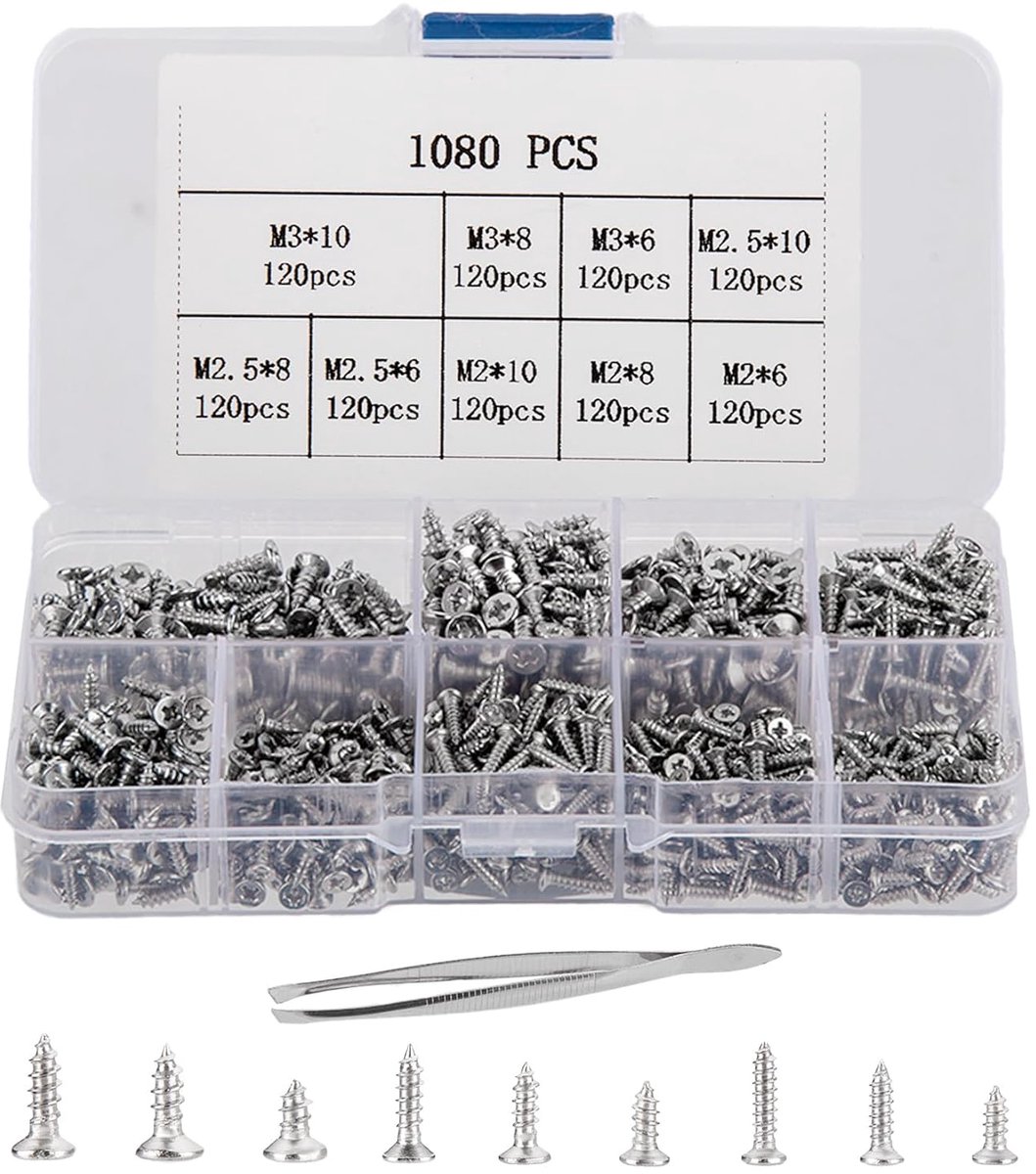SnelShoppen - 1080 Stuks Kleine Zelftappende Schroeven M2 M2.5 M3 Houtschroeven 6 mm 8 mm 10 mm Platte Kop Kruiskop Plaatschroeven Set voor Kantoorapp