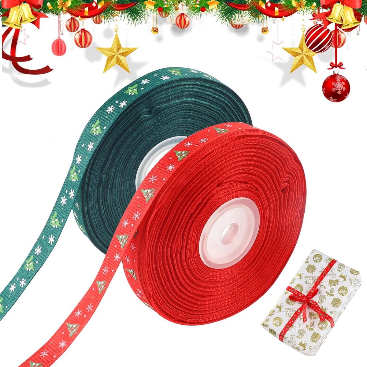 2 Rollen Kerstlint Rood en Groen 22 Meter Decoratief Cadeaulint