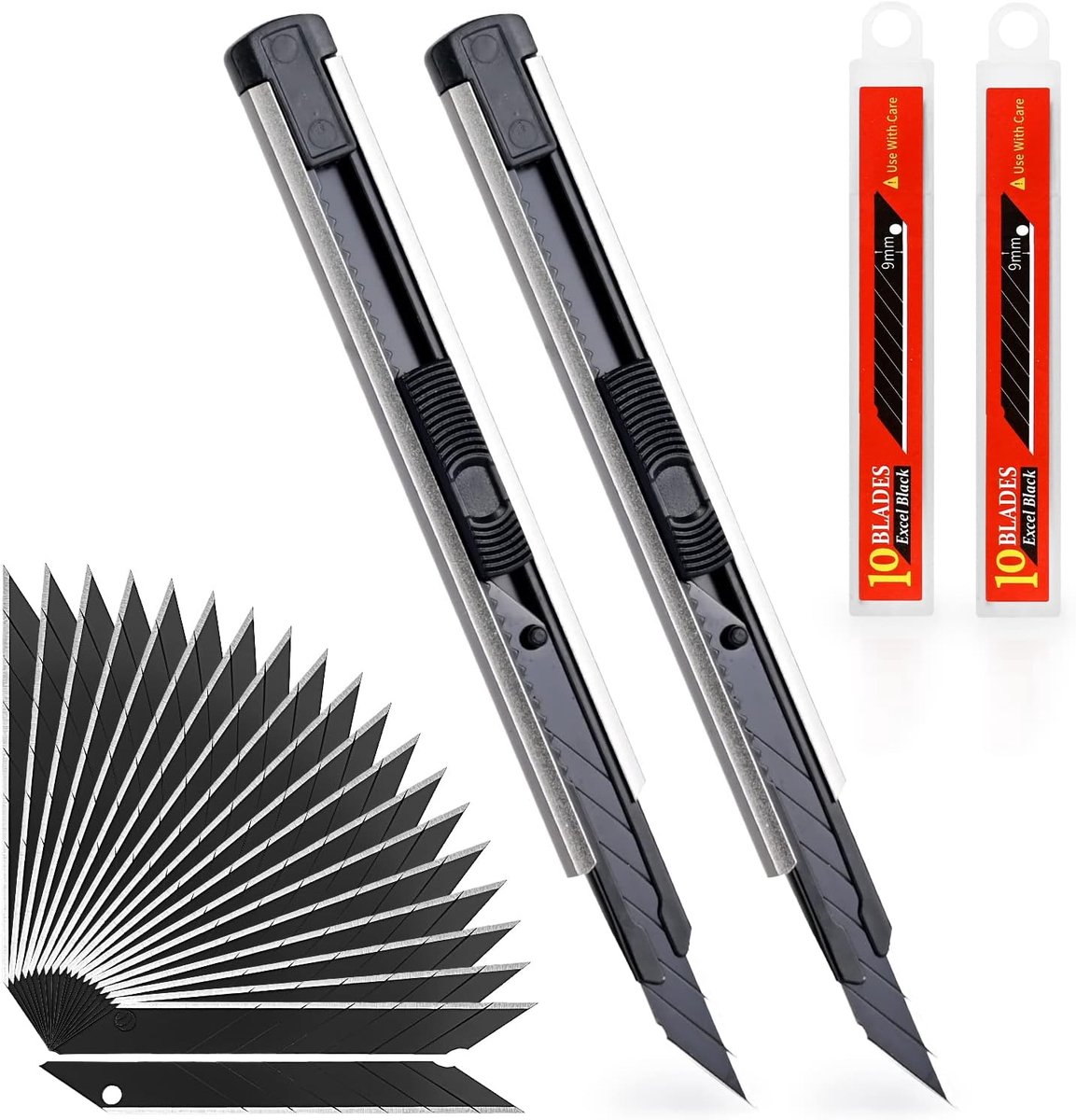 SnelShoppen - Professionele 9 mm Snijmes Set - 2 Stuks Met 20 Vervangbladen - Automatische Vergrendeling - Aluminium - Voor Precies Snijden - Silver