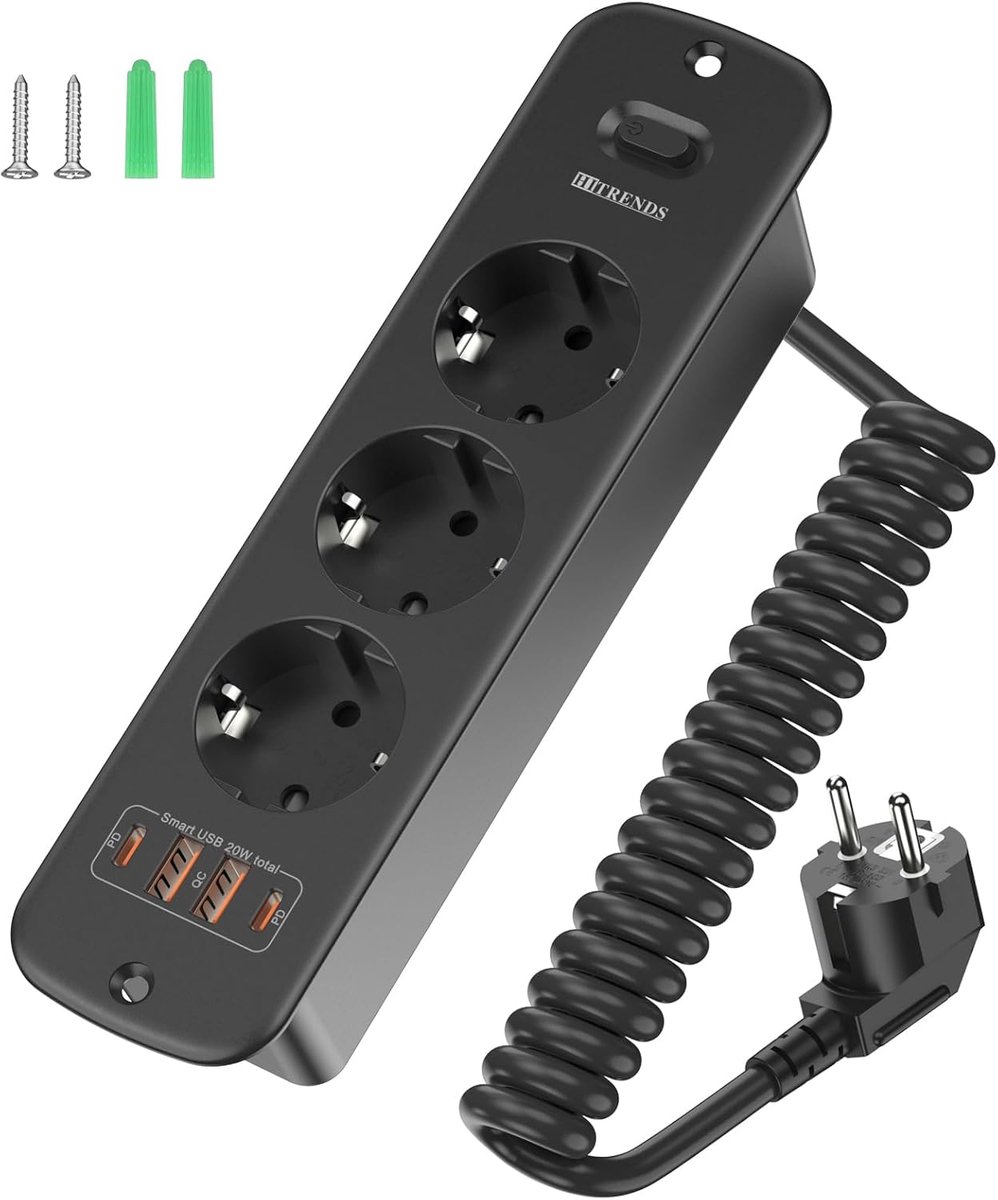 SnelShoppen - Retractable 3-Way Tafelstopcontact met Schakelaar, 2 x USB-C + 2 x USB-A, 2 m Spiraalkabel, Ingebouwde Stekker voor Werkbladen (Zwart)