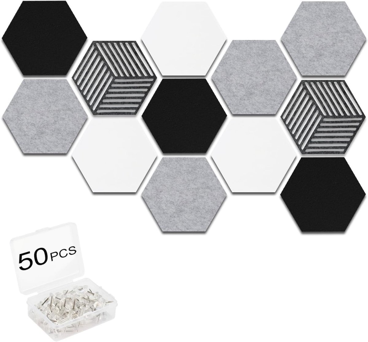 SnelShoppen - 12 Stuks Hexagonale Vilt Pinbord Zelfklevend Kurkbord DIY met 50 Duidelijke Push Pins voor Foto's, Memo's en Wanddecoratie in Wit, Zwart