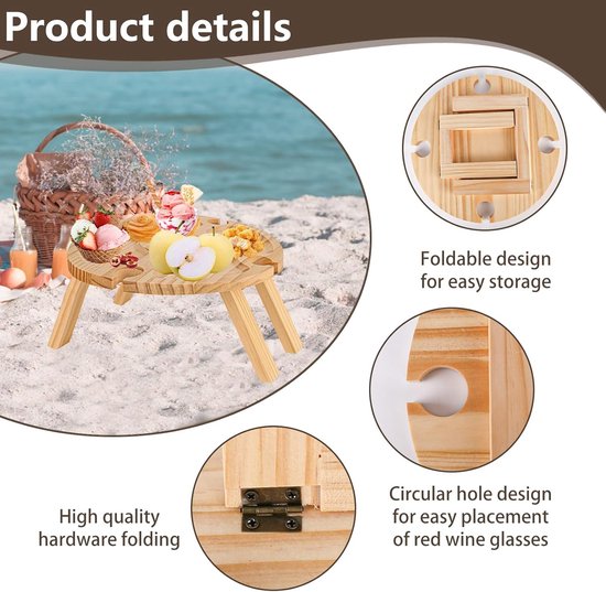 Opvouwbare Houten Picknicktafel met Wijnglashouder - Draagbare Wijntafel voor Camping, Tuin en Strand — afbeelding 3
