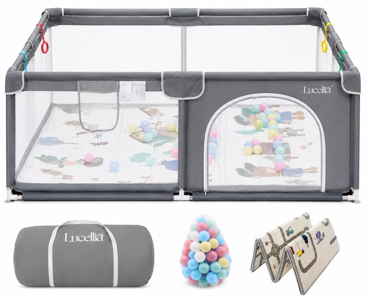 Lucellia® Grondbox Baby 150x180 cm – Speelbox met Dubbelzijdige Speelmat & 30 Speelballen – Kinderbox, Playpen & Baby Box – Draagtas – Donkergrijs