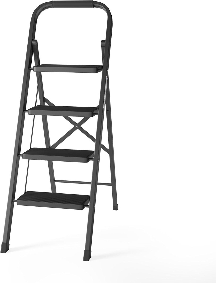 Keuken trapje - Huishoudtrapje opvouwbaar - Klusjes in huis - Antislip treden - 124 cm hoog - Zwart