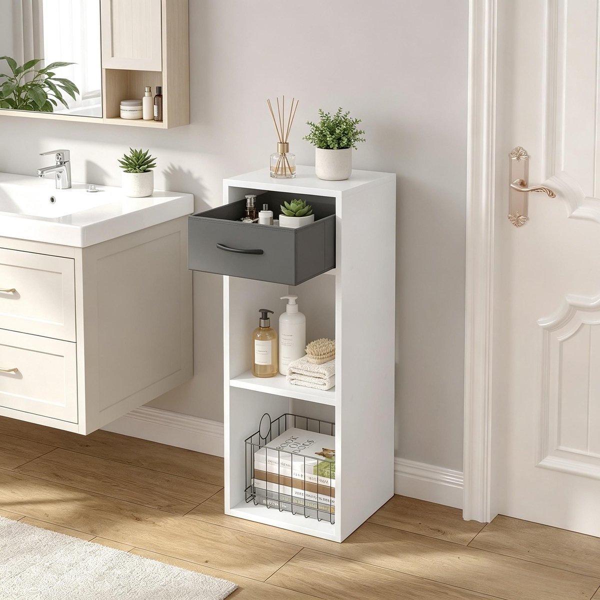 Boekenkast Ruimtebesparend – 32,4 x 30 x 80 cm – Bewerkt Hout – Grijs Wit – Met Lade en 2 Open Vakken – Voor Woonkamer en Slaapkamer