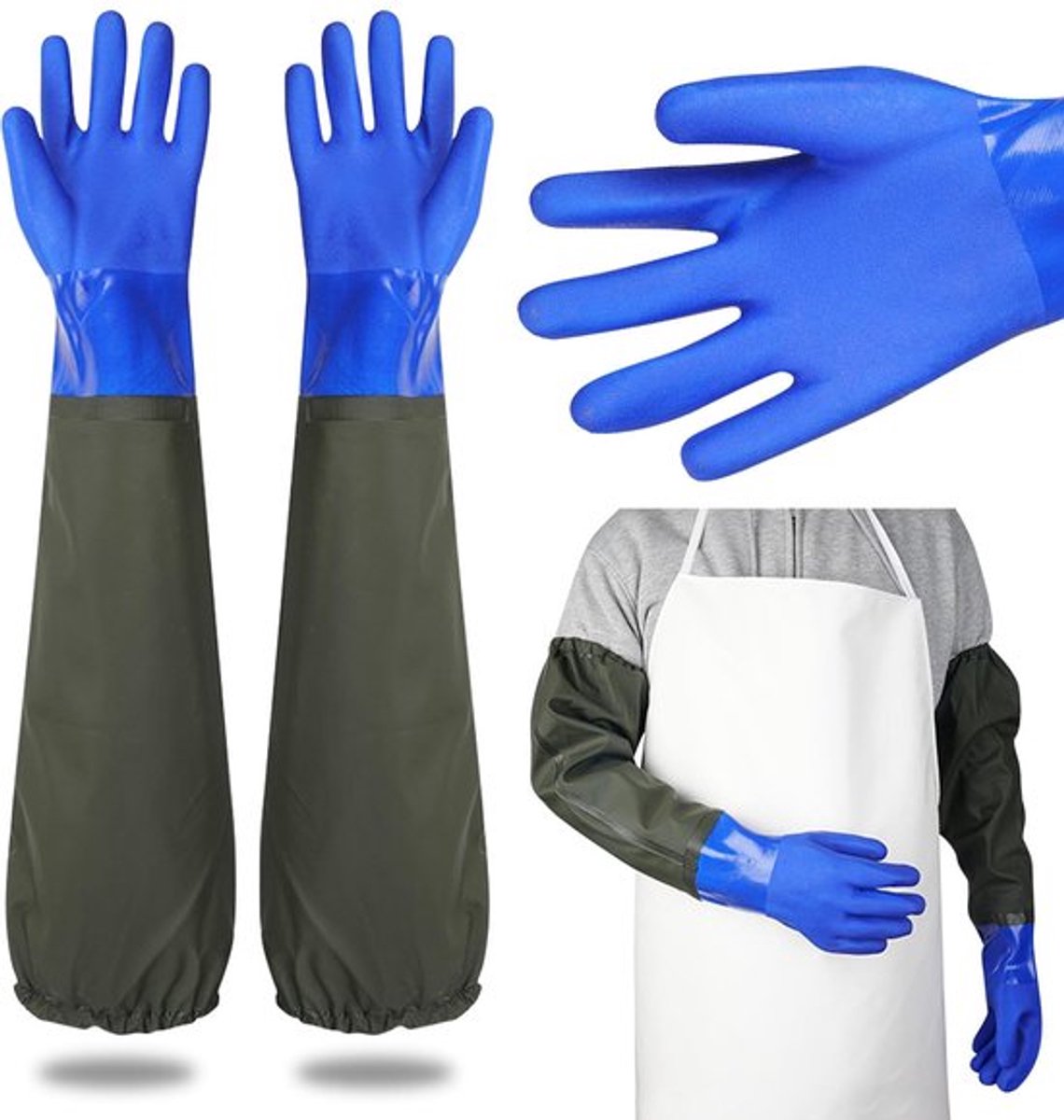 Handschoenen - Lang, waterdicht, matte handpalm, sluiting met trekkoord, antislip en duurzaam - 70 cm lang, geschikt voor werknemers in de aquacultuur, petroleum, waterverwerking, landbouw, machineonderhoud en schoonmaak (blauw)