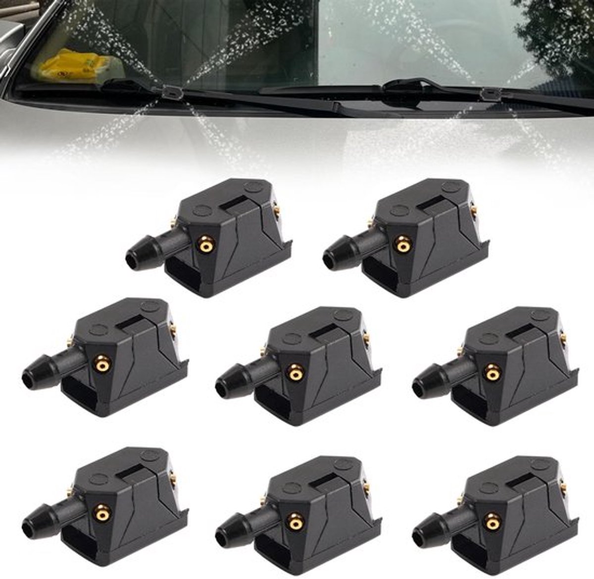 Pakket van 8 universele voor- en achterruitwisser sproeiers, praktische verstelbare sproeier voor ruitenwissers, 4-weg sproeiers, geschikt voor 8 mm/9 mm ruitenwisserarm (zwart)