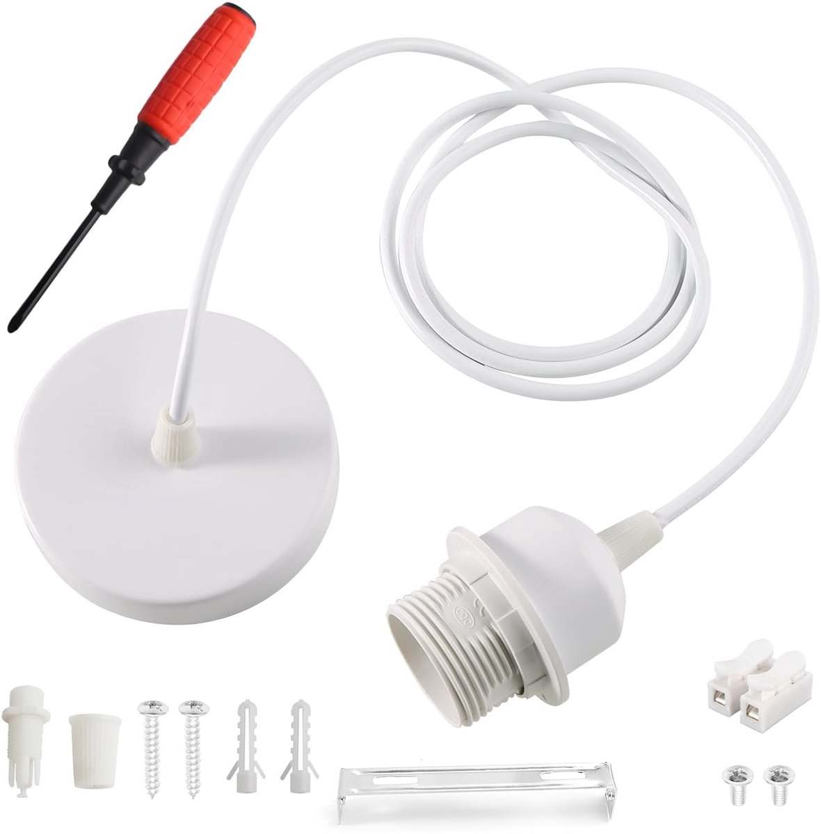 SnelShoppen - Lamp Suspension E27 met Schroefring, 150 cm Kabel, Wit, Pendel Lamp, Lampenhouder voor Lampschaduw, Metalen Lampenhouder voor Keuken, Wo