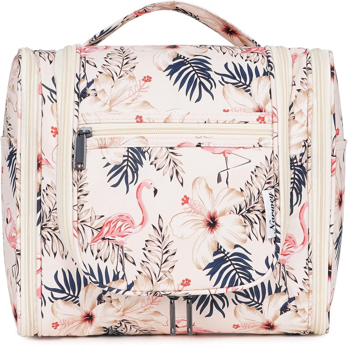 Thijox - Grote Hangende Reistoilettas voor Make-up en Cosmetica voor Vrouwen, Meisjes, Kinderen - Beige Flamingo - Ideaal voor Vakantie, Camping, en T