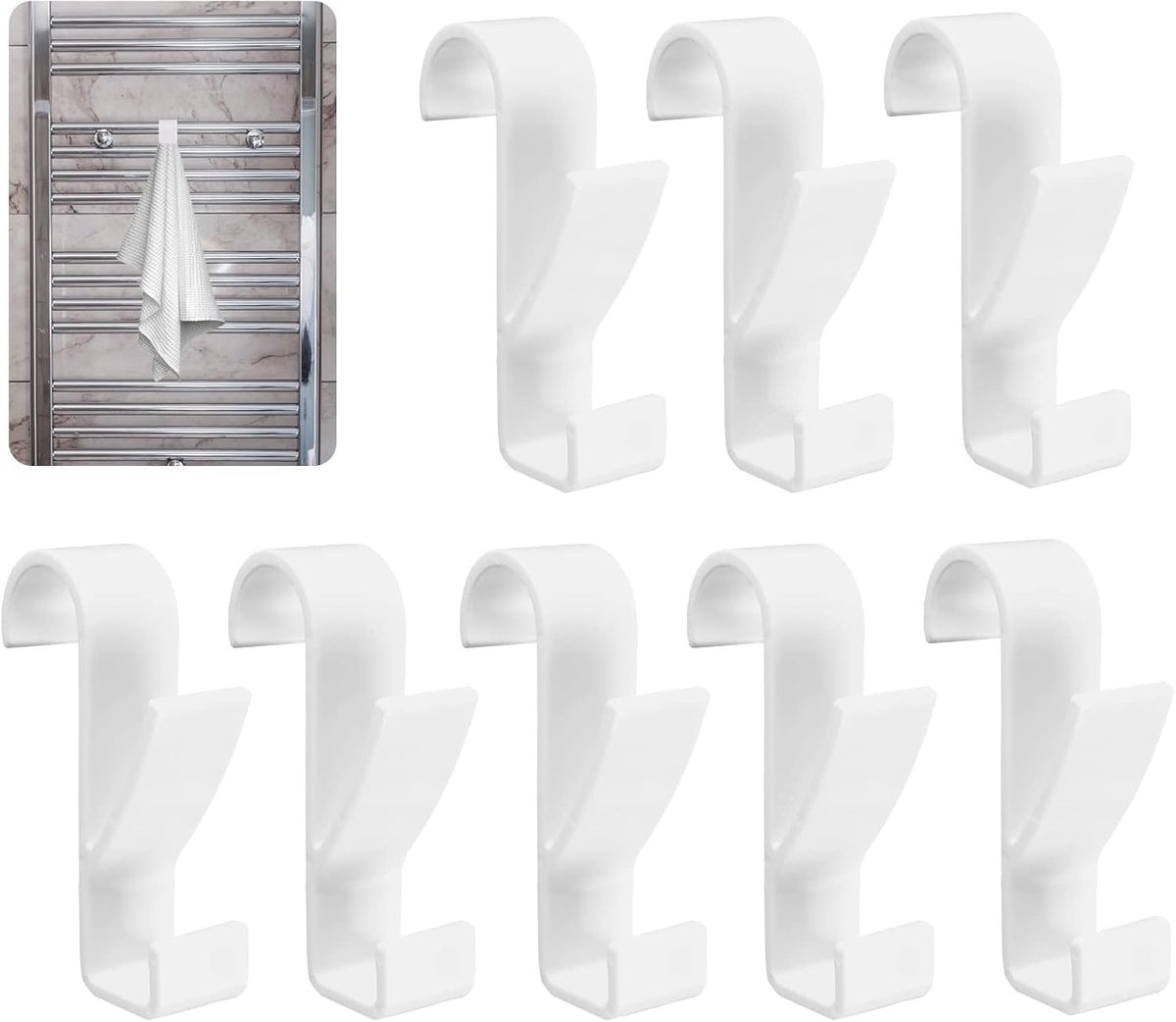 SnelShoppen - 8 Stuks Radiator Haken voor Handdoeken - Towel Rail Hooks - Ronde Radiator Haken - Voor Alle Standaard Radiatoren - Wit - Waterdicht en