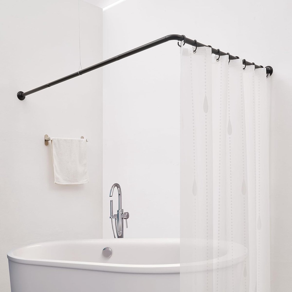 SnelShoppen - L-vormige Douchegordijnstang 88x88 cm - Stalen Hoek Douche Stang met Plafondsteun & 12 Haakjes - Mat Zwart - Stevige Constructie voor Ba