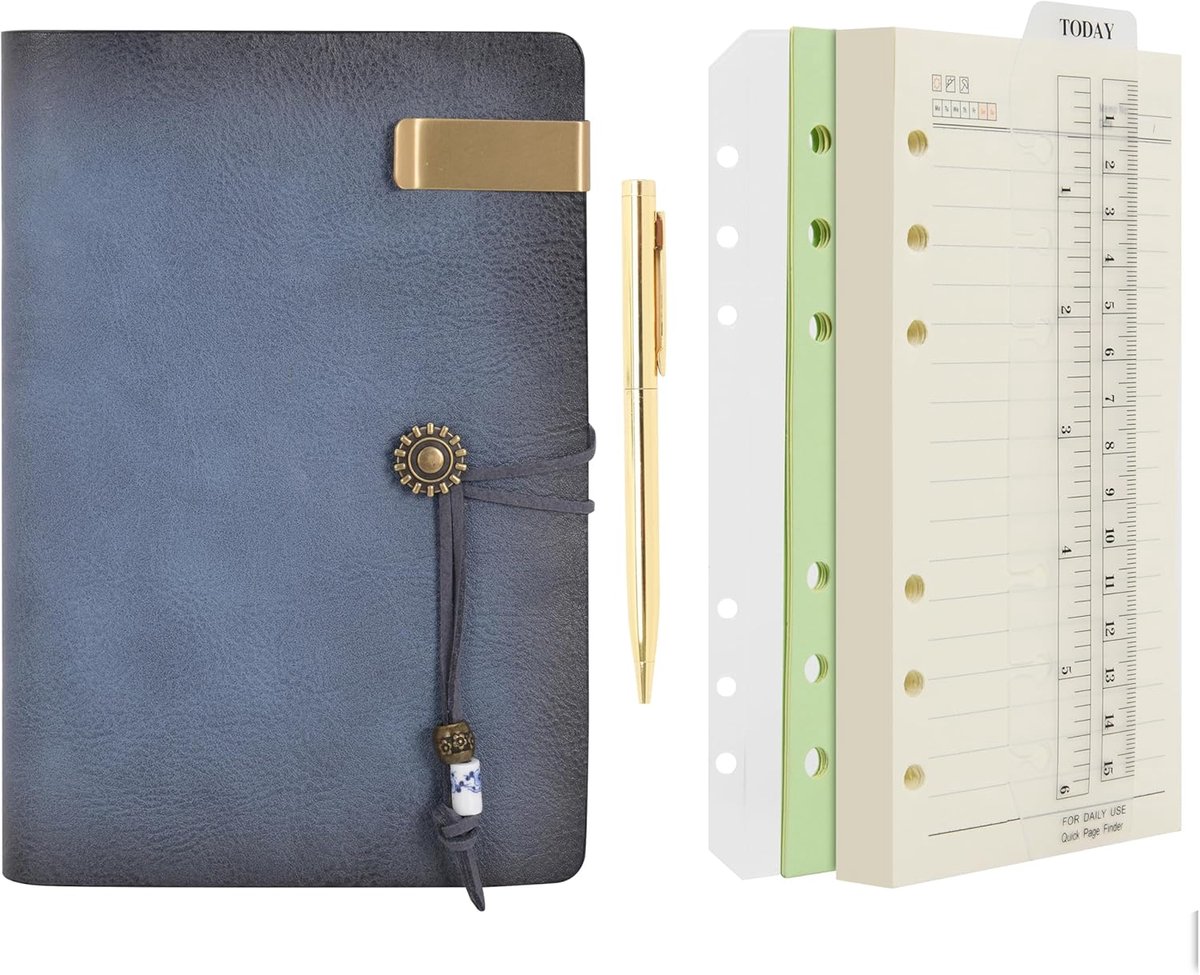 SnelShoppen - Vintage A6 Notitieboek Leer Ringband Herbruikbaar Met 160 Pagina's Gelijnd Papier en Gouden Pen - Perfect voor Kantoor, Reizen en Organi